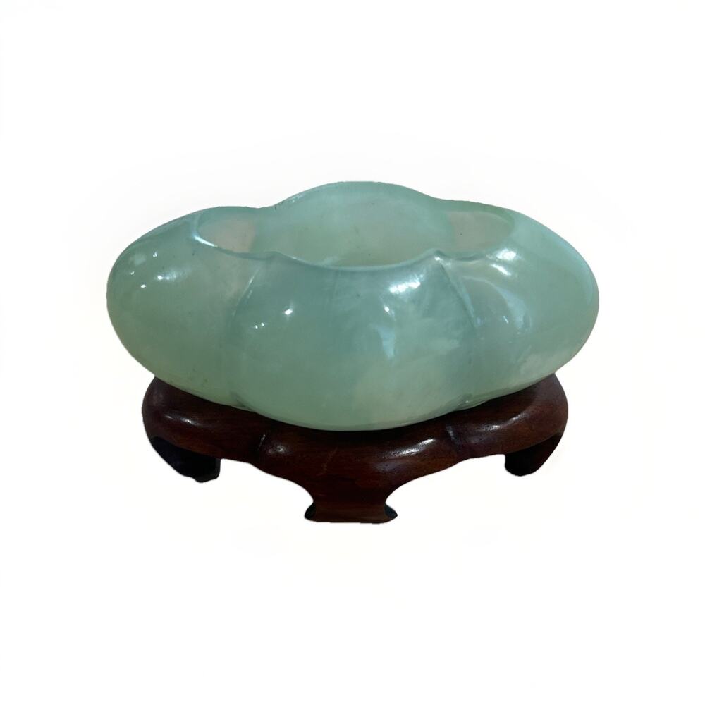 Vintage Chinese Celadon Jade Brush Washer Scholar Object w/ Wood Stand